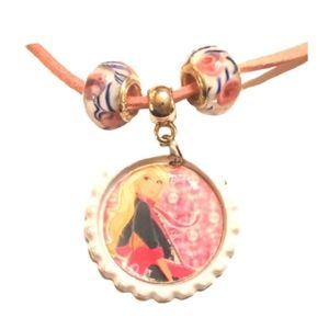 Handmade barbie themed bottlecap photo shoelace leather necklace. New